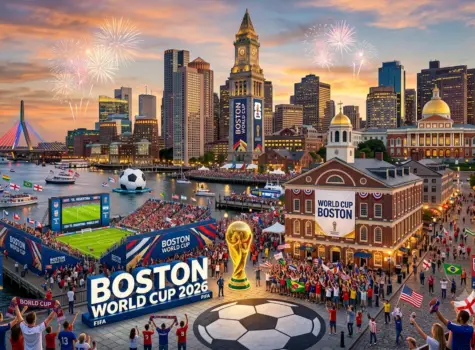 Boston skyline at dusk, crowds in the street near the harbor with international flags and a big soccer stadium floating in the harbor