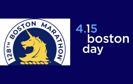 navy blue background with a logo for BAA a yellow unicorn ad a the logo for one Boston day that say 4.15 Boston