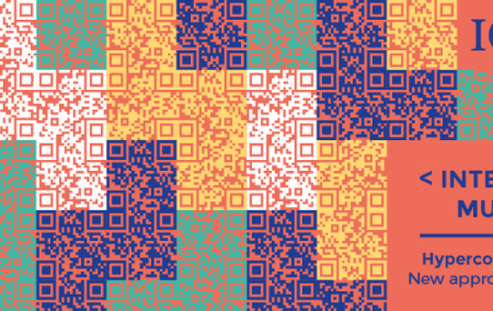 A quilt of purple, orange, green and white QR codes with a red grid like pattern on top