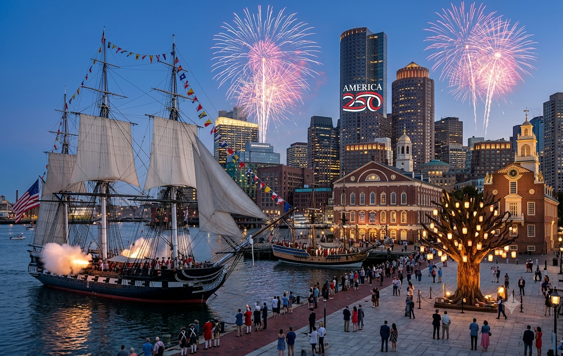 Boston skyline with fireworks and a tall ship with canon fire along the harbor with historic fanuiel hall in the foreground and spectators at water's edge
