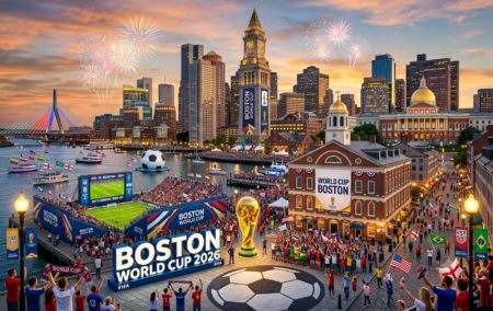 Boston skyline at dusk, crowds in the street near the harbor with international flags and a big soccer stadium floating in the harbor