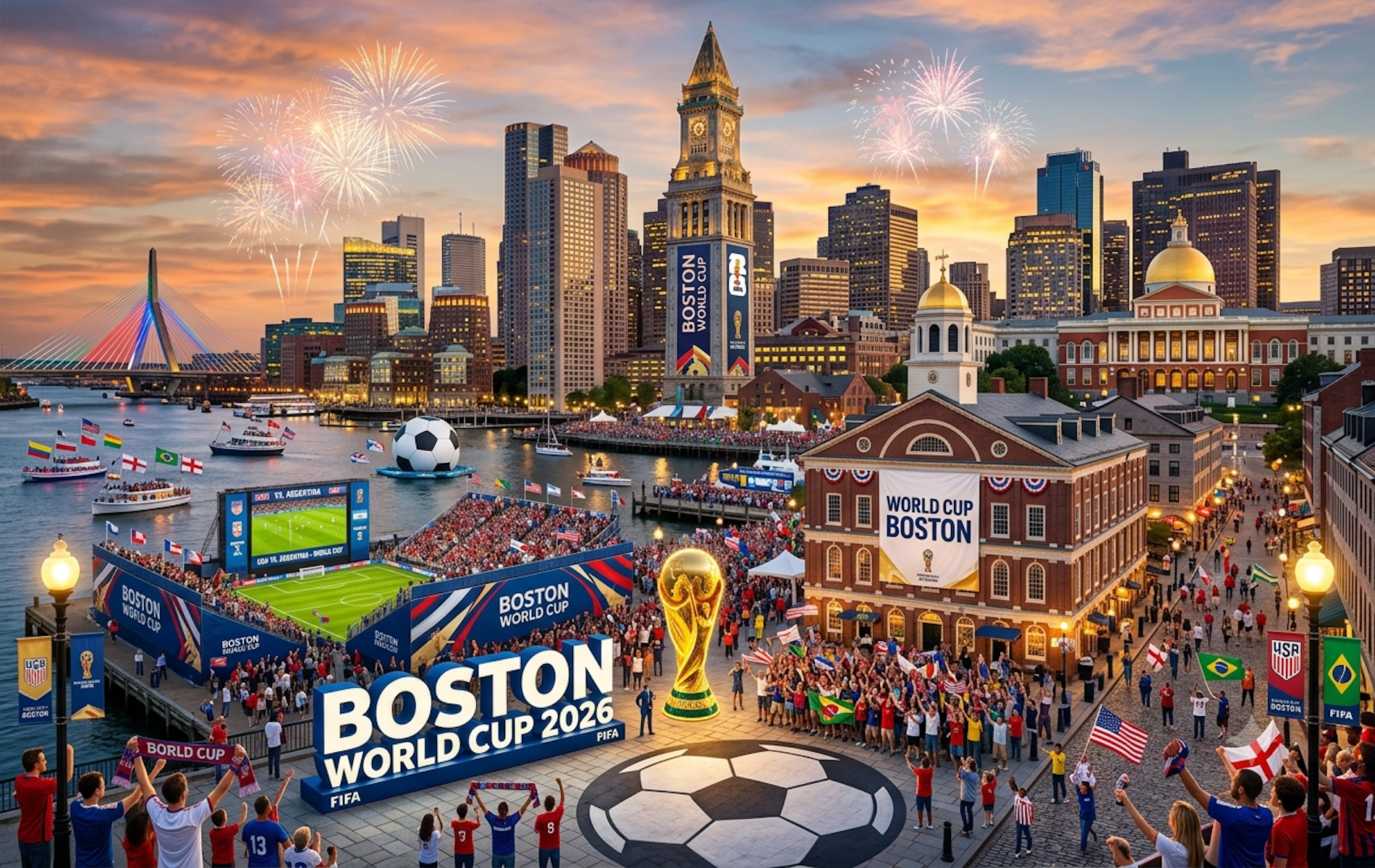 Boston skyline at dusk, crowds in the street near the harbor with international flags and a big soccer stadium floating in the harbor