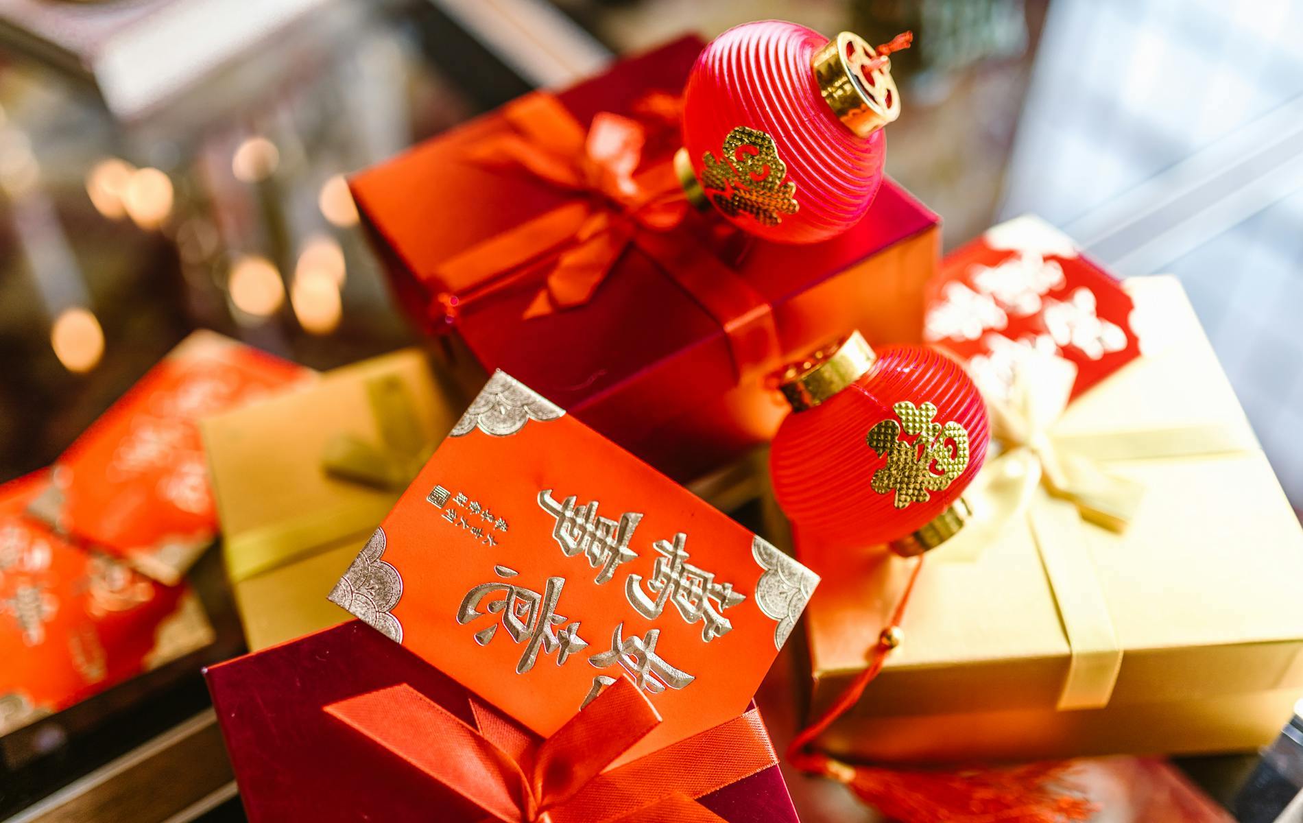 red cards and gold boxes with gold Chinese words
