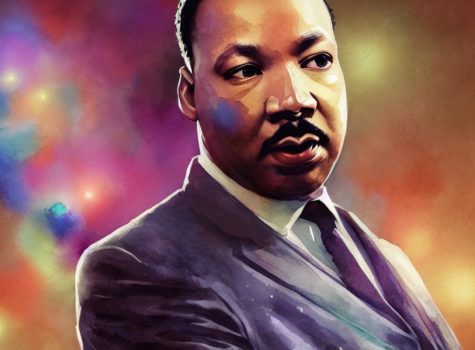 artist illustration of Dr MLK Jr wearing suit and tie on a colorful background of colors