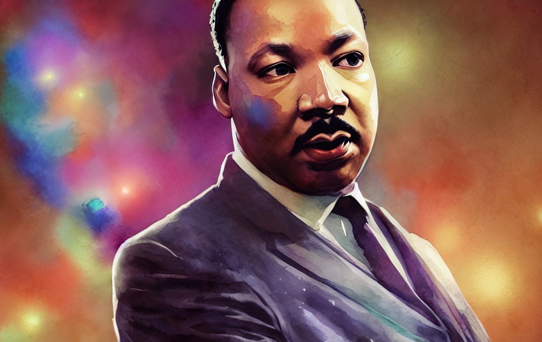 artist illustration of Dr MLK Jr wearing suit and tie on a colorful background of colors