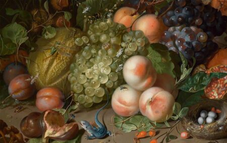Dutch still life painting of fruits grapes beaches flowers and blue lizard