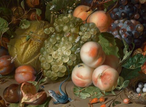 Dutch still life painting of fruits grapes beaches flowers and blue lizard