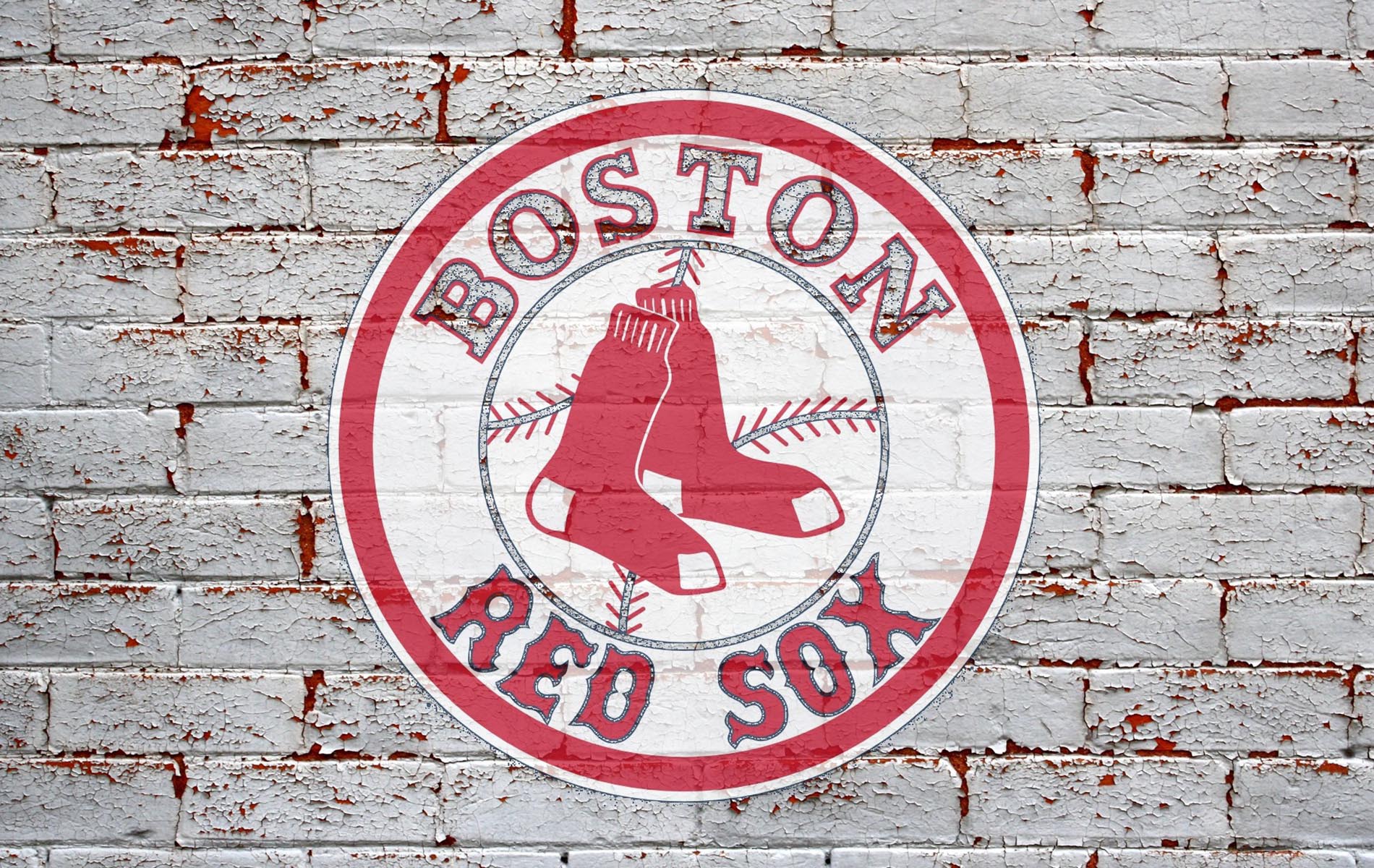 white brick background with red sox logo of two red sox in circle