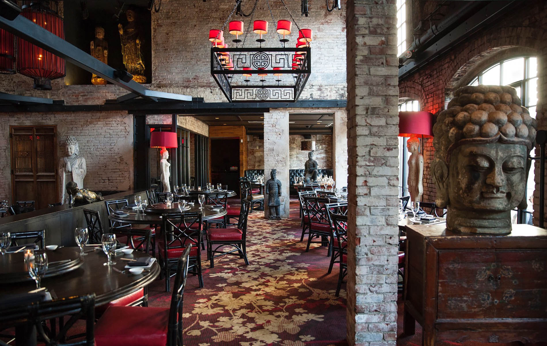 industrial space with red lantern lights