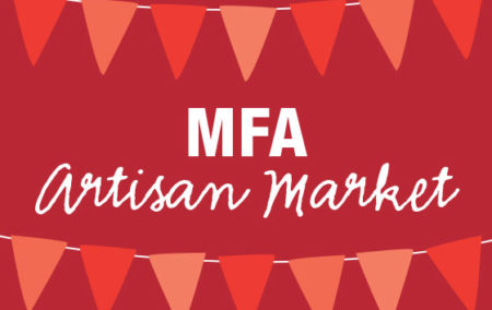 a red sign say MFA artisan market with 2 multi color red banner triangles