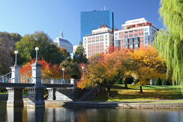 Elegant stone bridge leading to a park with fall foliage - buildings and blue skies in the background