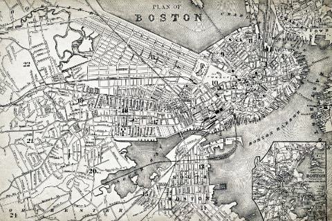 Close-up view of historical, black and white map of Boston